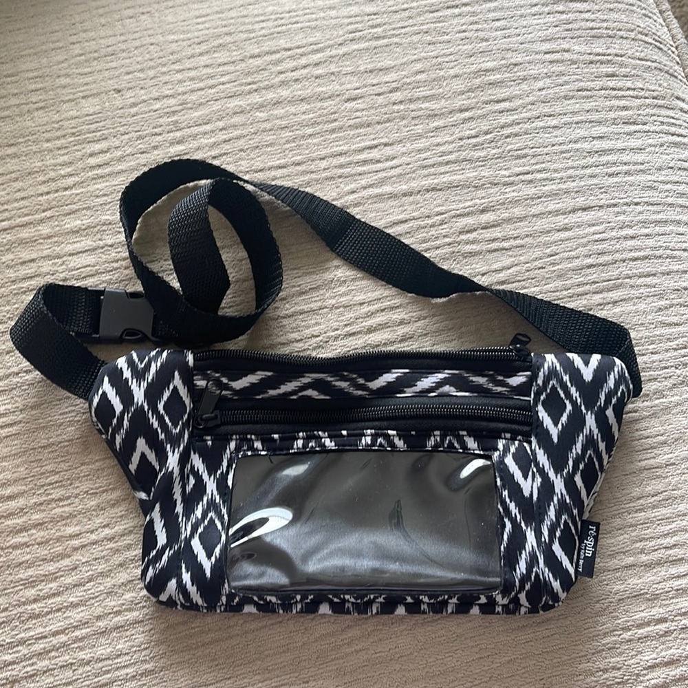 Black and White Ikat Patterned Fanny Pack with Clear Cell Phone Pouch, ReSpin